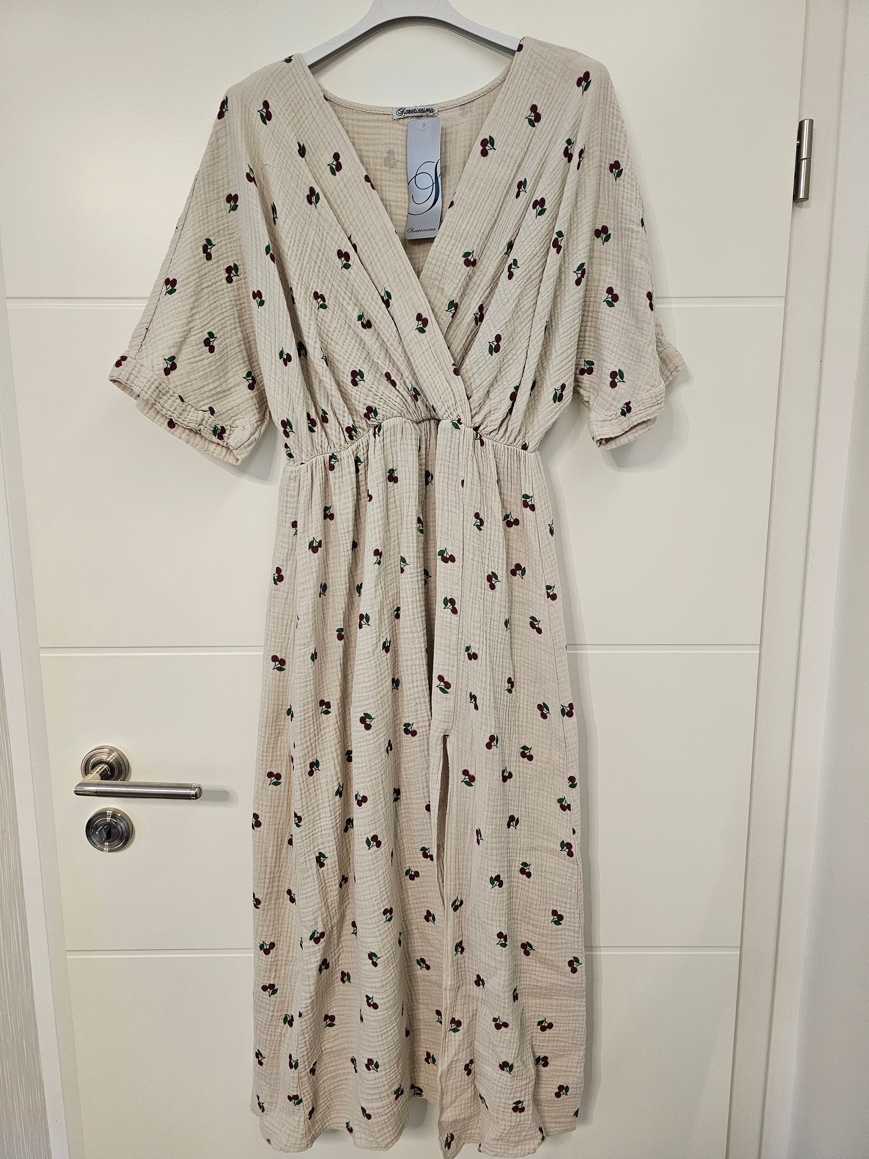 Musselinkleid Cherry mit Schlitz Beige